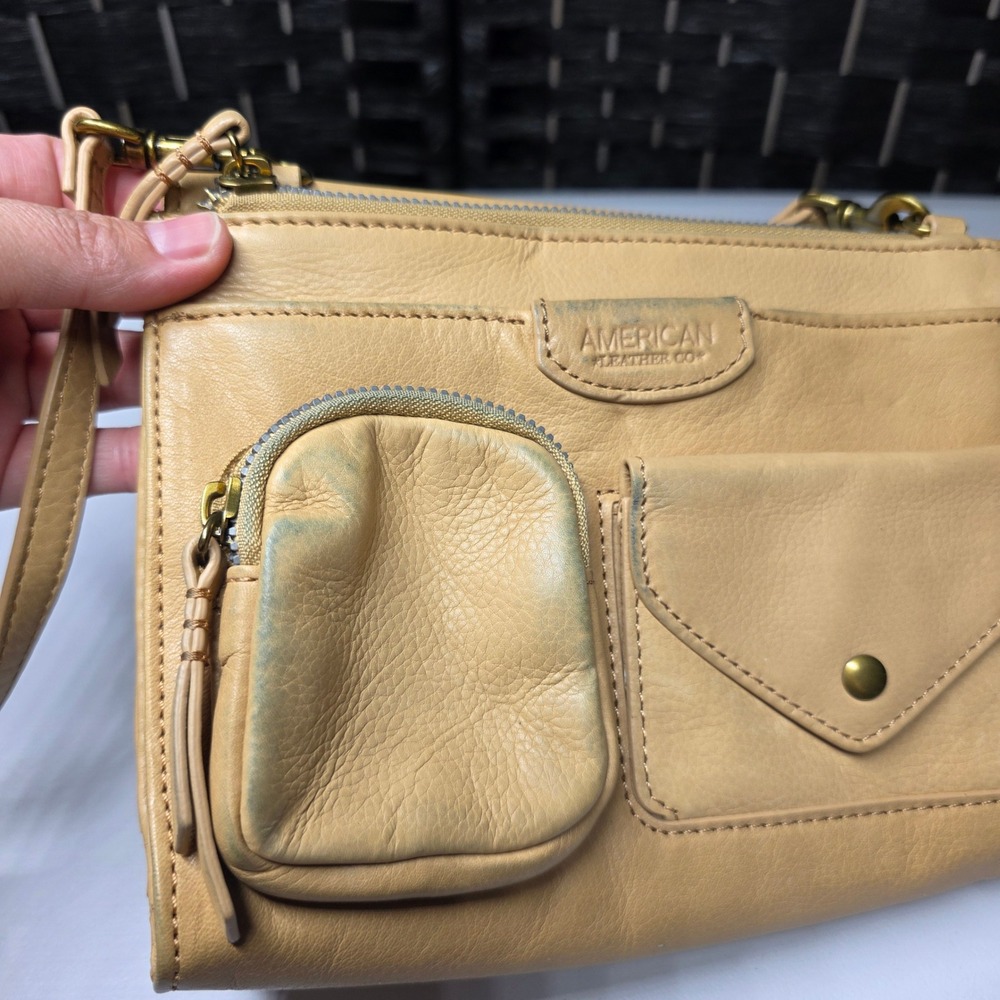 American Leather Co Tan Glove Leather Crossbody Bag Small Utility Pockets - Picture 10 of 11